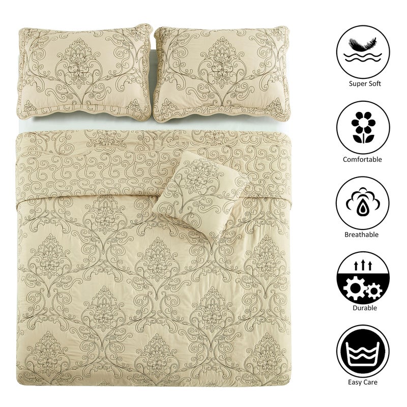 Home Soft Things Damask 4 Piece Bedspread Set,Scalloped Edge Reversible Quilt Coverlet Comforter Prewashed Bedding Set, Matelasse Embossed Floral Solid Pattern, Beige Oversize King(120" x 120") - Image 4